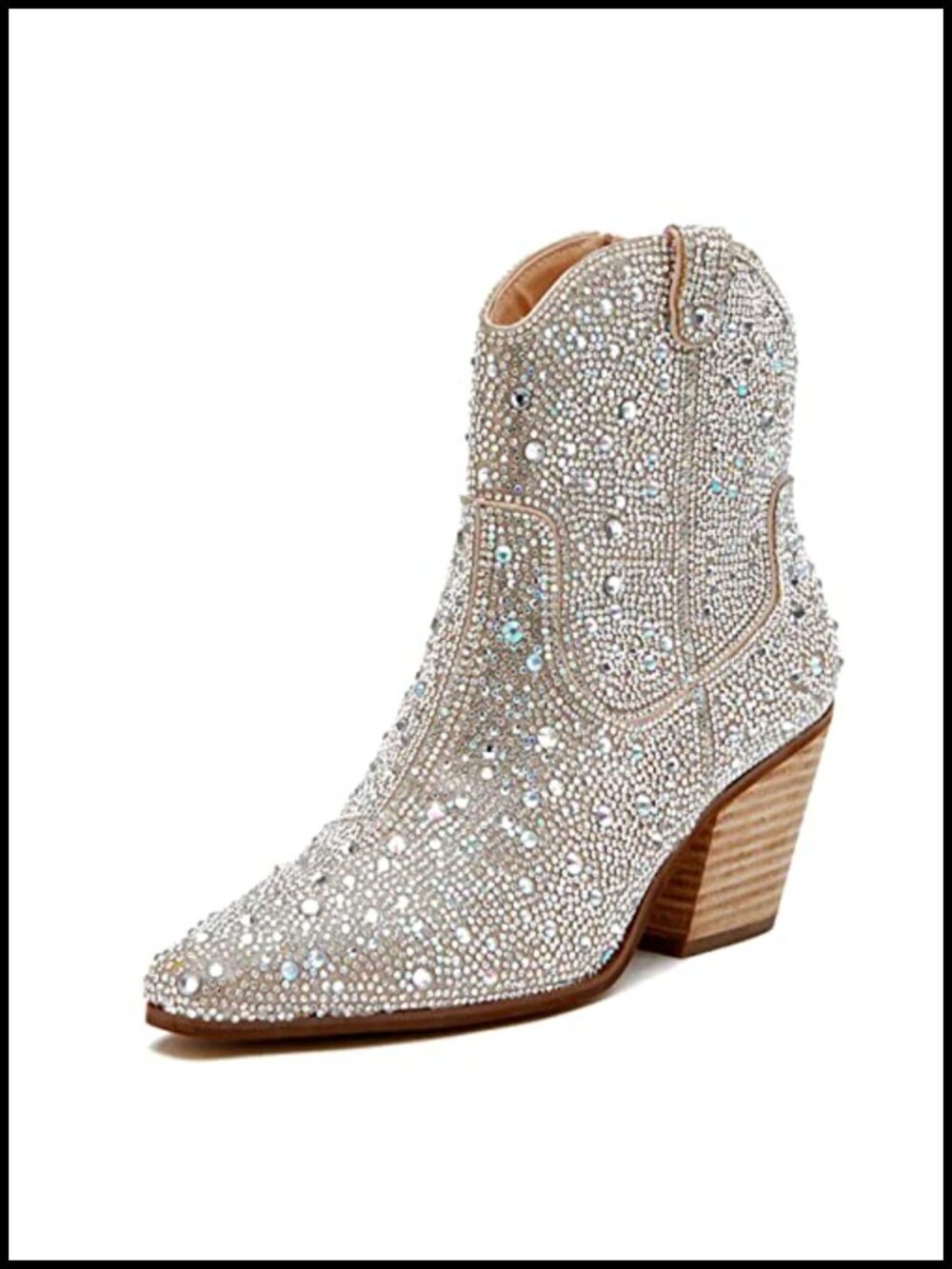 Rhinestone Cowgirl Booties Pointed Toe Chunky Heel Ankle Boots Women